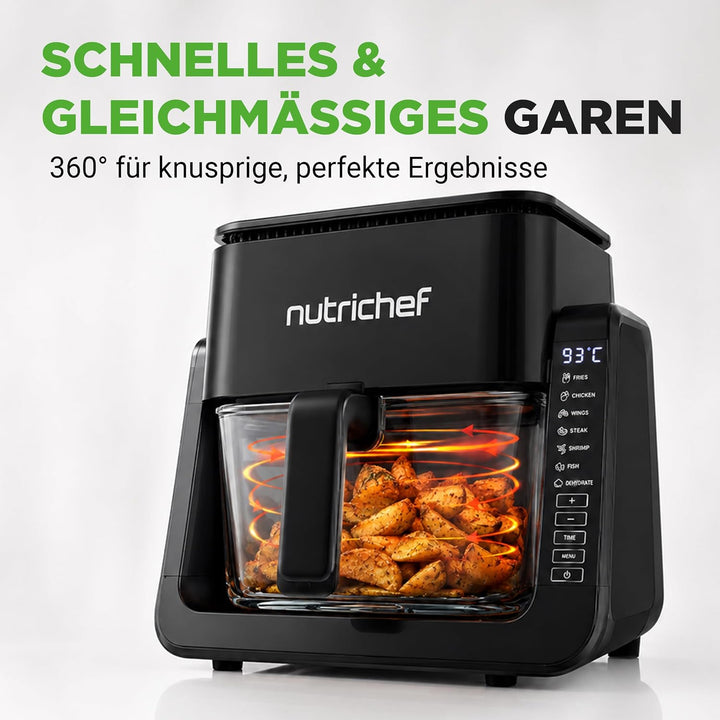 Nutrichef Heissluftfritteuse + Elektrogrill, 4L Airfryer mit Sichtfenster bis 360°C, 7 Programme, An