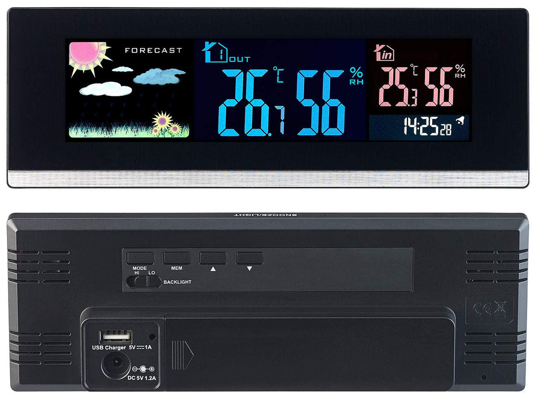 infactory Tisch Funkwecker: Tisch-Wetterstation, Funk-Aussensensor, Farb-LCD-Display, USB-Ladeport (
