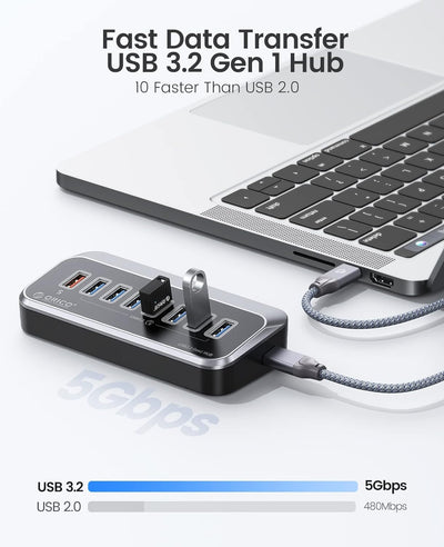 ORICO USB C Hub, 7 Port USB Hub 3.2 Gen 1, USB Verteiler 5Gbps Datenübertragung Port und einen Ladea