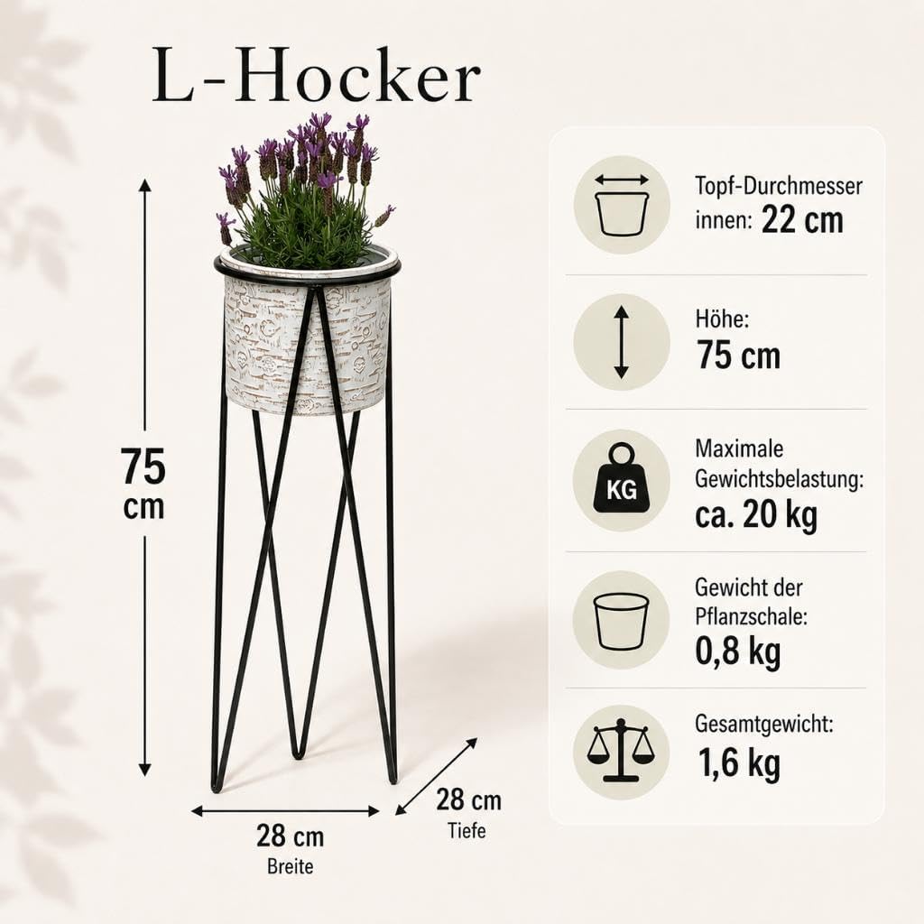 DanDiBo Blumenhocker mit Topf Metall Schwarz Weiss L 75 cm Blumenständer 96043 Blumensäule Modern Pf