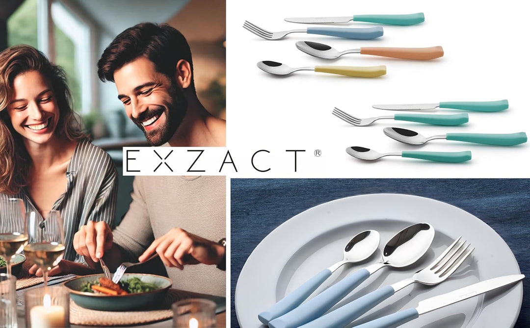 EXZACT Besteck Set 24 Stück - Edelstahl mit lebendig gefärbten Kunststoff-Handgriffen - Bequem zu ha