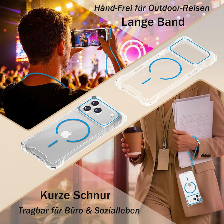 Handyband Abnehmbar für iPhone 17 Pro Max Hülle mit Band, Blau Langes Band zum Umhängen & Kurzkordel