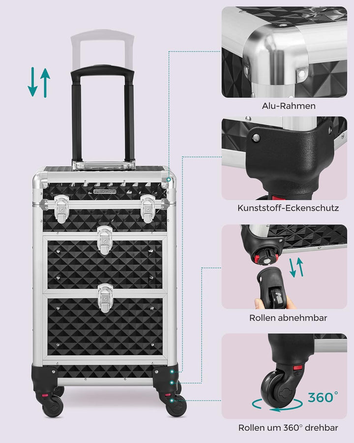 SONGMICS Kosmetikkoffer Trolley, professioneller Schminkkoffer, Friseurkoffer mit 4 abnehmbaren Univ