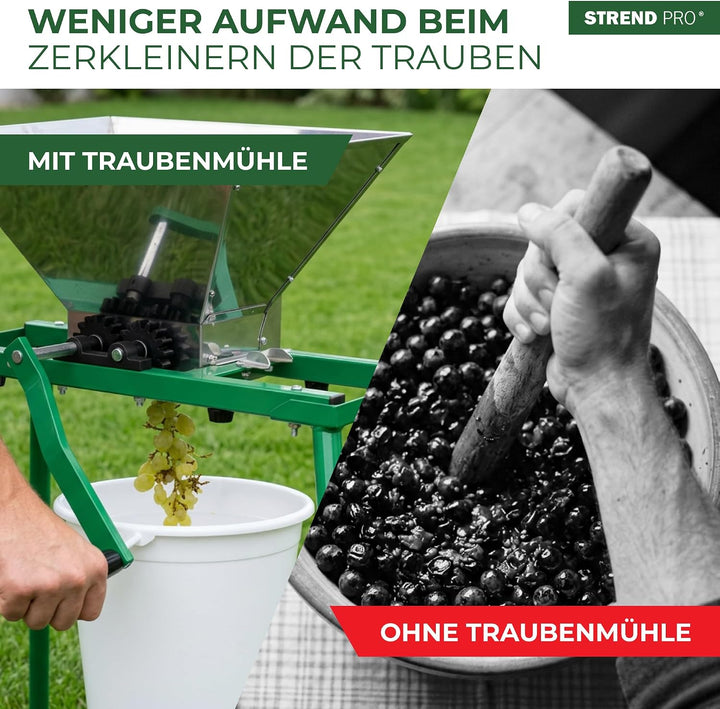 STREND PRO Traubenmühle 7 L Edelstahl mit Metallständer | Maischemühle Beerenmühle mit Handkurbel |