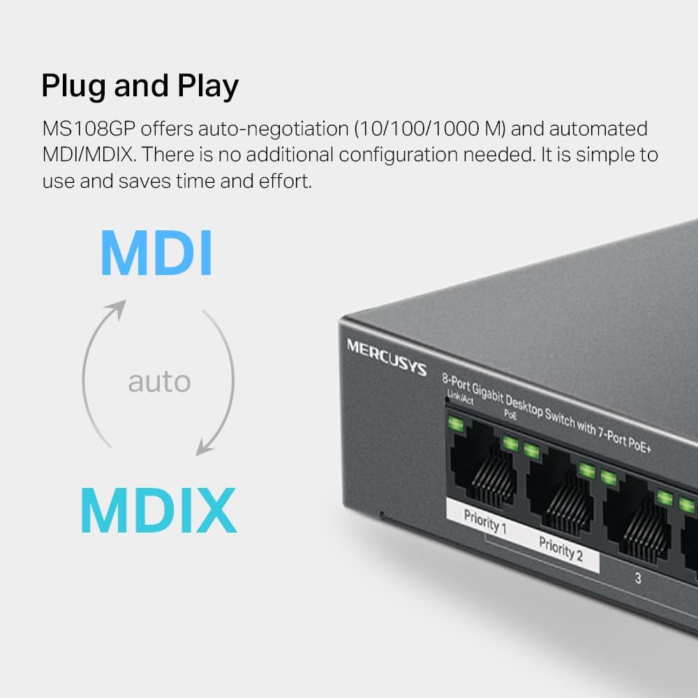 MERCUSYS MS108GP Gigabit RJ45 Switch, 8 Ports, 7 PoE+ Ports, PoE-Übertragung bis zu 250 Meter, Ether