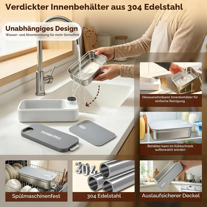 Elektrische Lunchbox mit 7200mAh Akku, 900ml Thermo Lunchbox für Essen heiss, USB-C Heatbox Edelstah