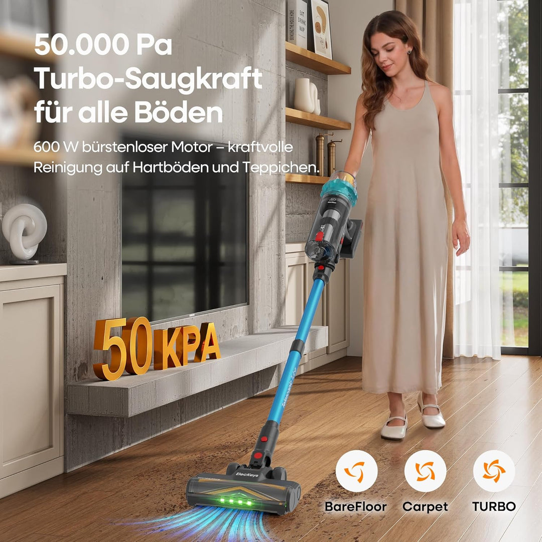 ElecKeys Akku Staubsauger 50000Pa/600W/70Min, Staubsauger Kabellos mit LED Display, 1,8L Akkustaubsa