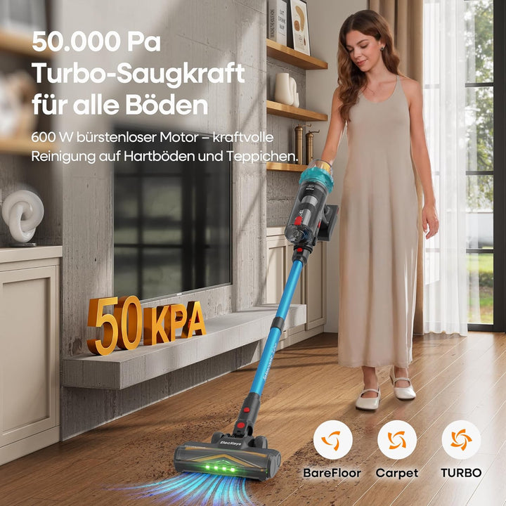 ElecKeys Akku Staubsauger 50000Pa/600W/70Min, Staubsauger Kabellos mit LED Display, 1,8L Akkustaubsa