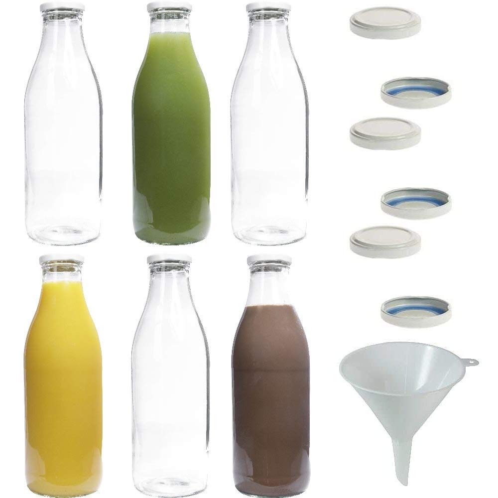 mikken 6x Glasflasche 1 Liter mit 12x PVC freiem Schraubverschluss inkl. Trichter Verschluss: Weiss,