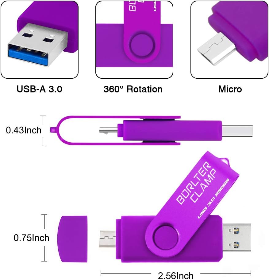 BORLTER CLAMP 256GB USB-Stick 2 in 1 Dual Port USB 3.0 Speicherstick OTG Flash-Laufwerk für Micro-US