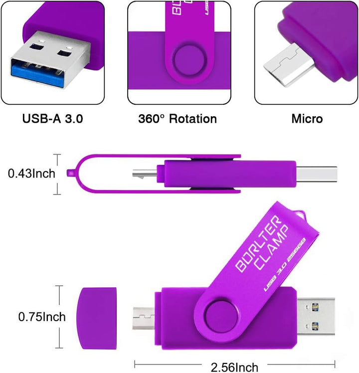 BORLTER CLAMP 256GB USB-Stick 2 in 1 Dual Port USB 3.0 Speicherstick OTG Flash-Laufwerk für Micro-US