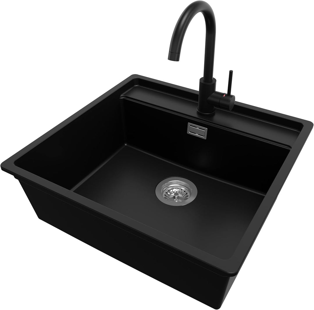 PRIMAGRAN Granitspüle Schwarz 56x53cm, Eckspüle 1 Becken + Ablauf-Set + Küchenarmatur 32x20cm, Küche