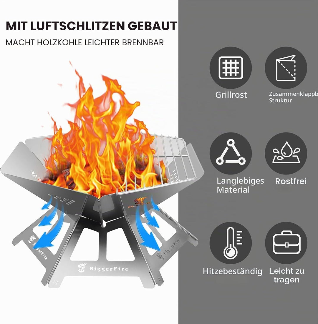 Faltbares Feuerstelle, tragbare Edelstahl-Feuerstelle mit Grillgitter und Aufbewahrungstasche – Camp