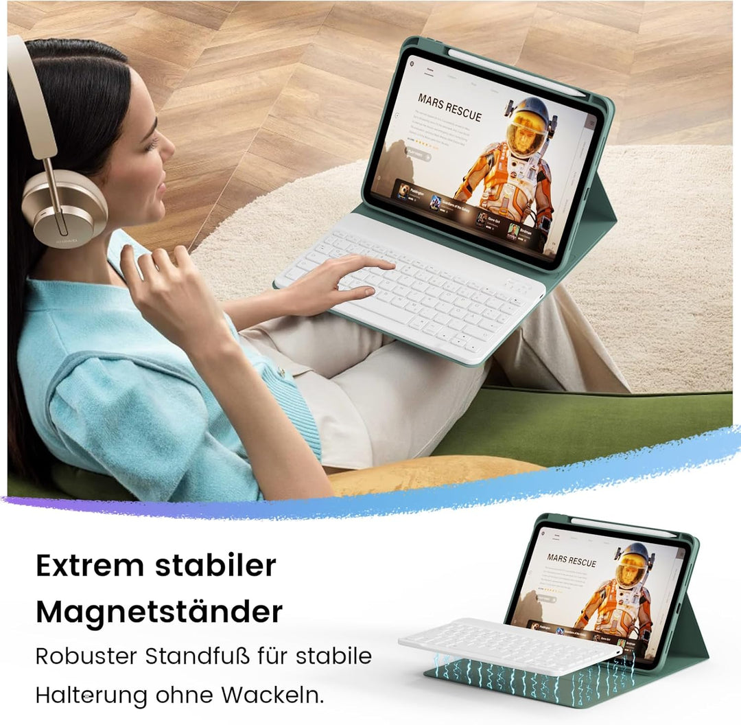 Hülle mit Tastatur für iPad 11/10 Generation mit Stifthalter, Magnetisch Abnehmbare Kabellose Blueto