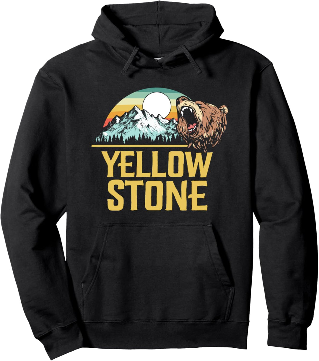 Yellowstone National Park Retro Roaring Grizzly 80's Style Pullover Hoodie