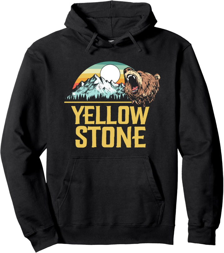 Yellowstone National Park Retro Roaring Grizzly 80's Style Pullover Hoodie