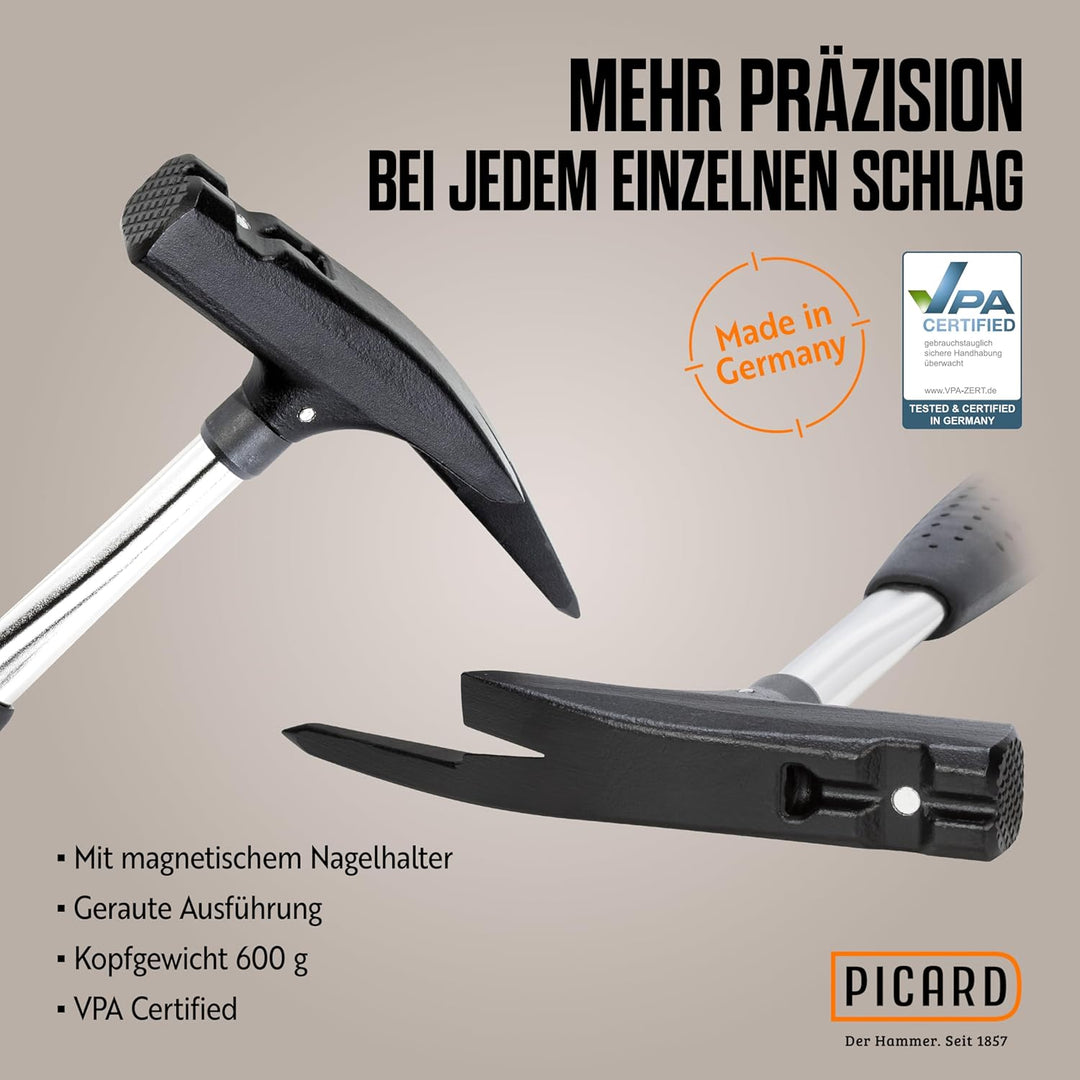 PICARD Latthammer Nr. 620M 600g geraut | Magnetischer Nagelhalter | GS-geprüft & VPA-zertifiziert |