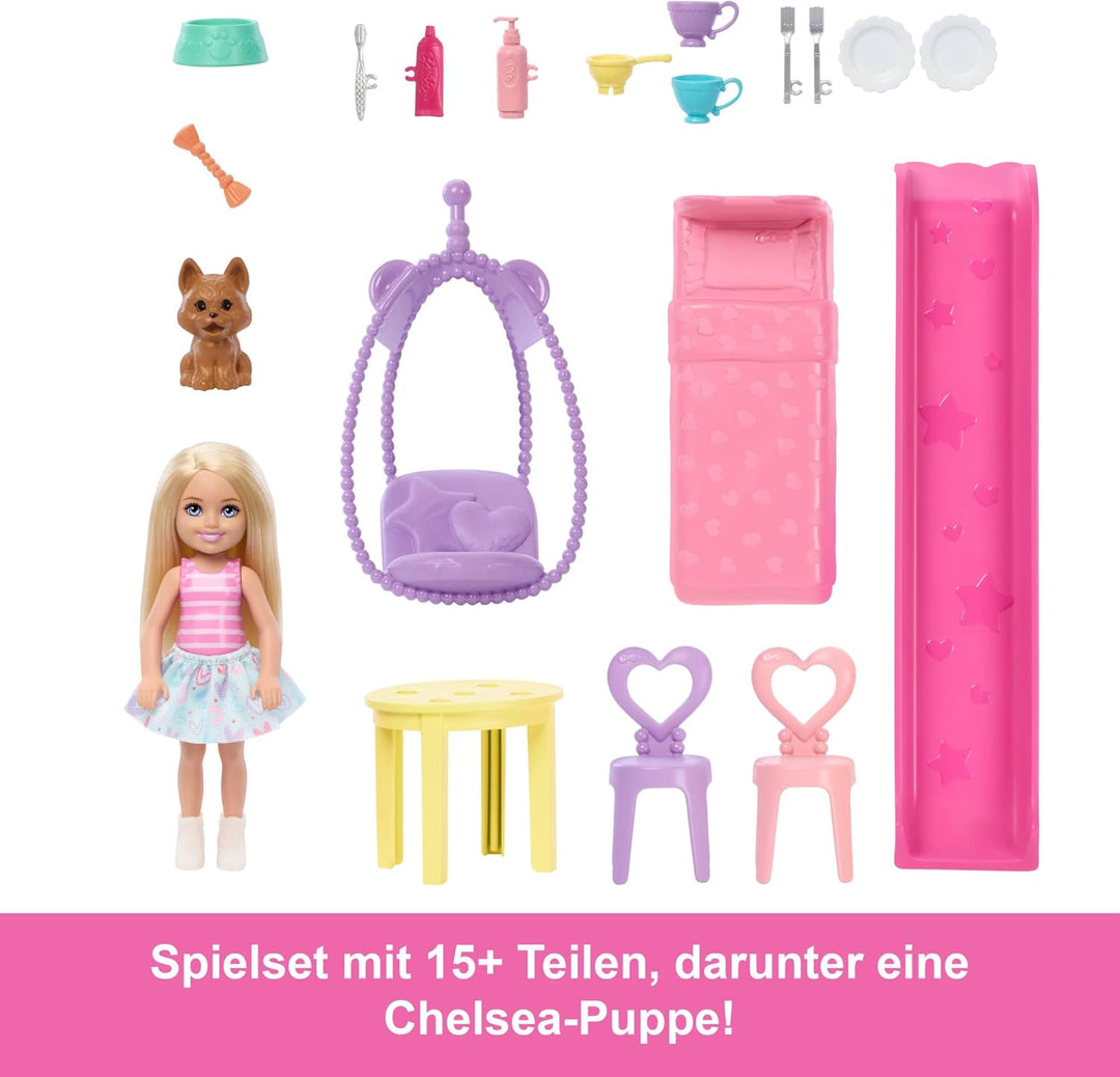 Barbie Chelsea Spielzeug-Puppenhaus mit über 15 Accessoires, das Pop-up-Haus erweitert Sich auf über