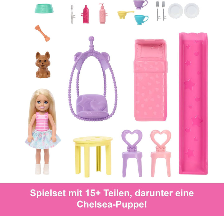 Barbie Chelsea Spielzeug-Puppenhaus mit über 15 Accessoires, das Pop-up-Haus erweitert Sich auf über