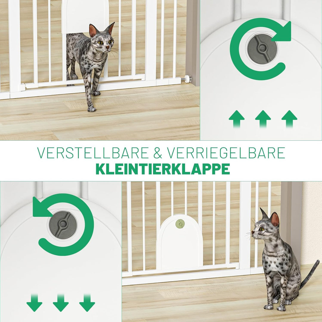 Weisses Treppenschutzgitter mit Katzentür (27x22.6cm), verstellbar 75–110cm, Haustier und Kinderschu