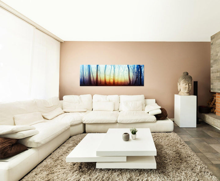 Paul Sinus Art Panoramabild auf Leinwand und Keilrahmen 150x50cm Wald Bäume Licht mystisch