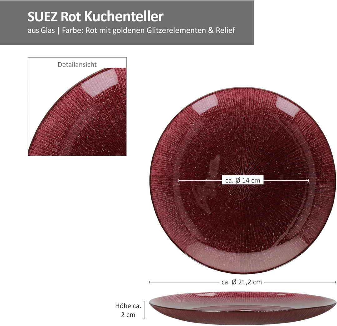 MamboCat 6er Set Suez Kuchenteller I Ø21,2cm I Dunkelroter Dessertteller aus Glas mit Relief & Glitz