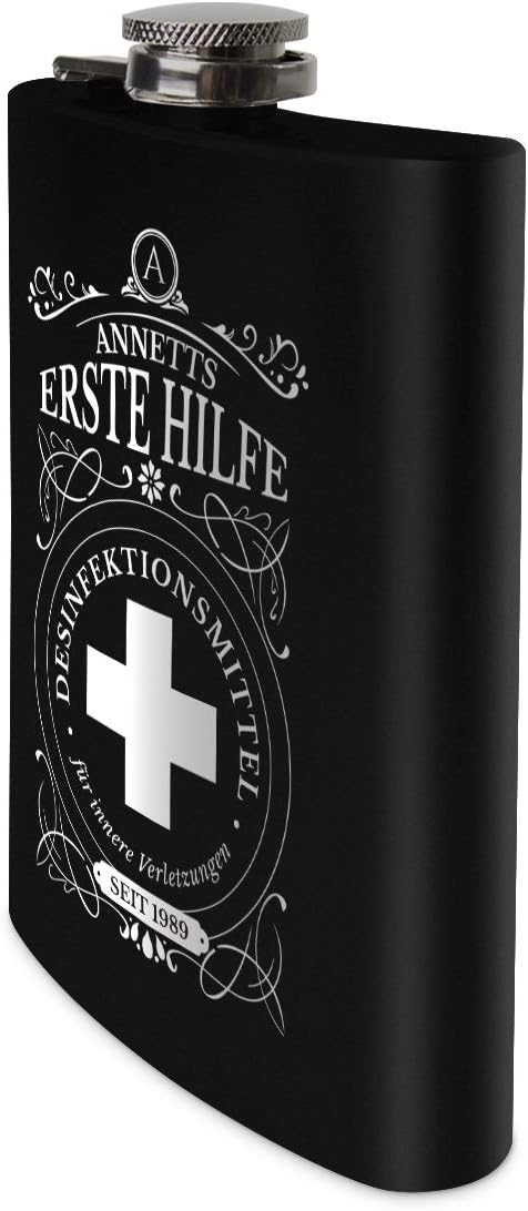 Flachmann Edelstahl Schwarz Matt 237 ml 8 oz individuelle Gravur in Silber - Erste Hilfe, Erste Hilf