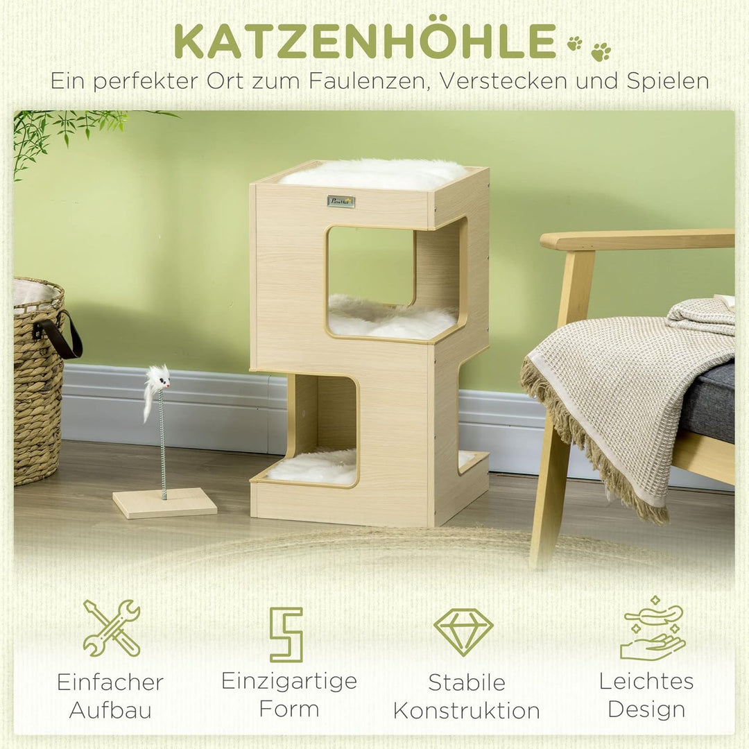 PawHut Katzenhöhle Katzenbett 3-stufiges Katzenhaus mit Kissen, Katzenzelt Haustierhaus Eiche 34 x 3