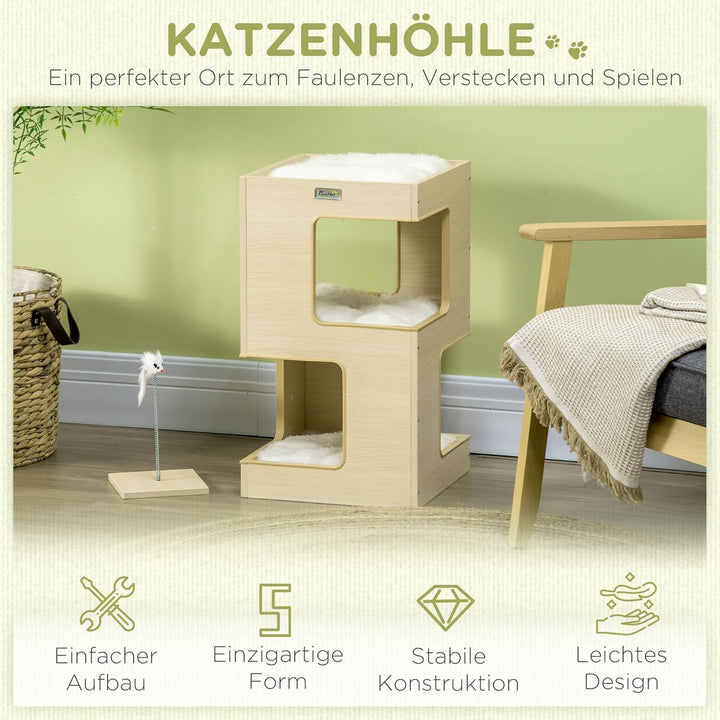 PawHut Katzenhöhle Katzenbett 3-stufiges Katzenhaus mit Kissen, Katzenzelt Haustierhaus Eiche 34 x 3