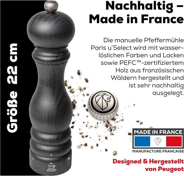 PEUGEOT - Pfeffermühle Paris u‘Select 22 cm - 6 voreingestellte Mahlgrade - Aus PEFC-zertifiziertem