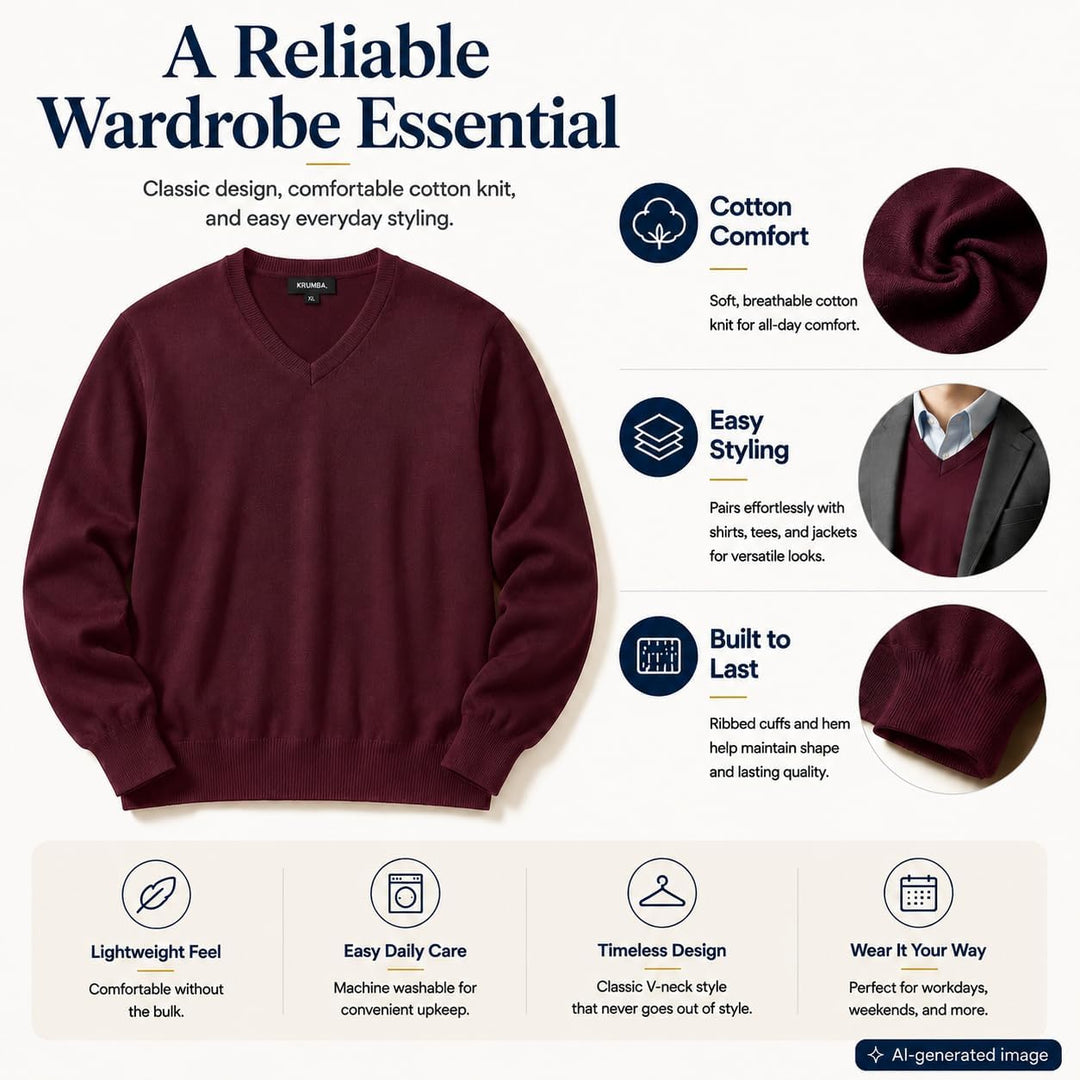 Krumba Herren Baumwolle Übergross V-Ausschnitt Klassik Pullover XXL Burgundy, XXL Burgundy