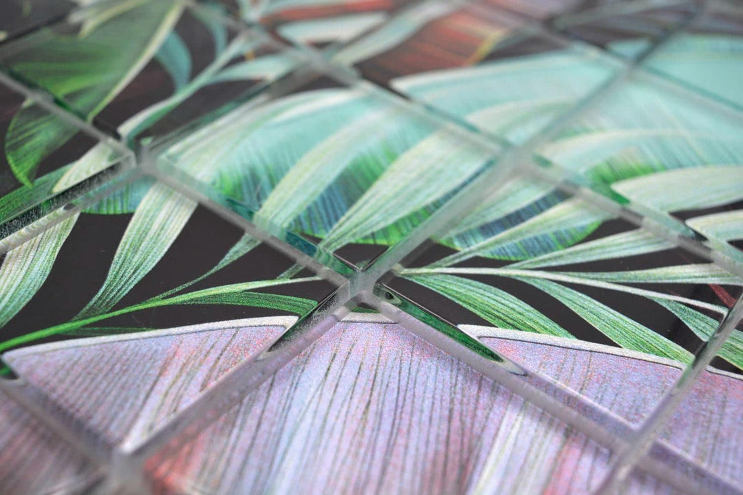 Mosaikfliese Glasmosaik Regenwald Grün Violett Blätter Optik Küchenrückwand Duschwand | 10 Mosaikmat
