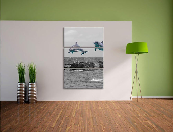 Pixxprint Zwei hoch springende Delphine als Leinwandbild/Grösse: 3 Teilig (120x80 cm) cm/Wandbild/Ku