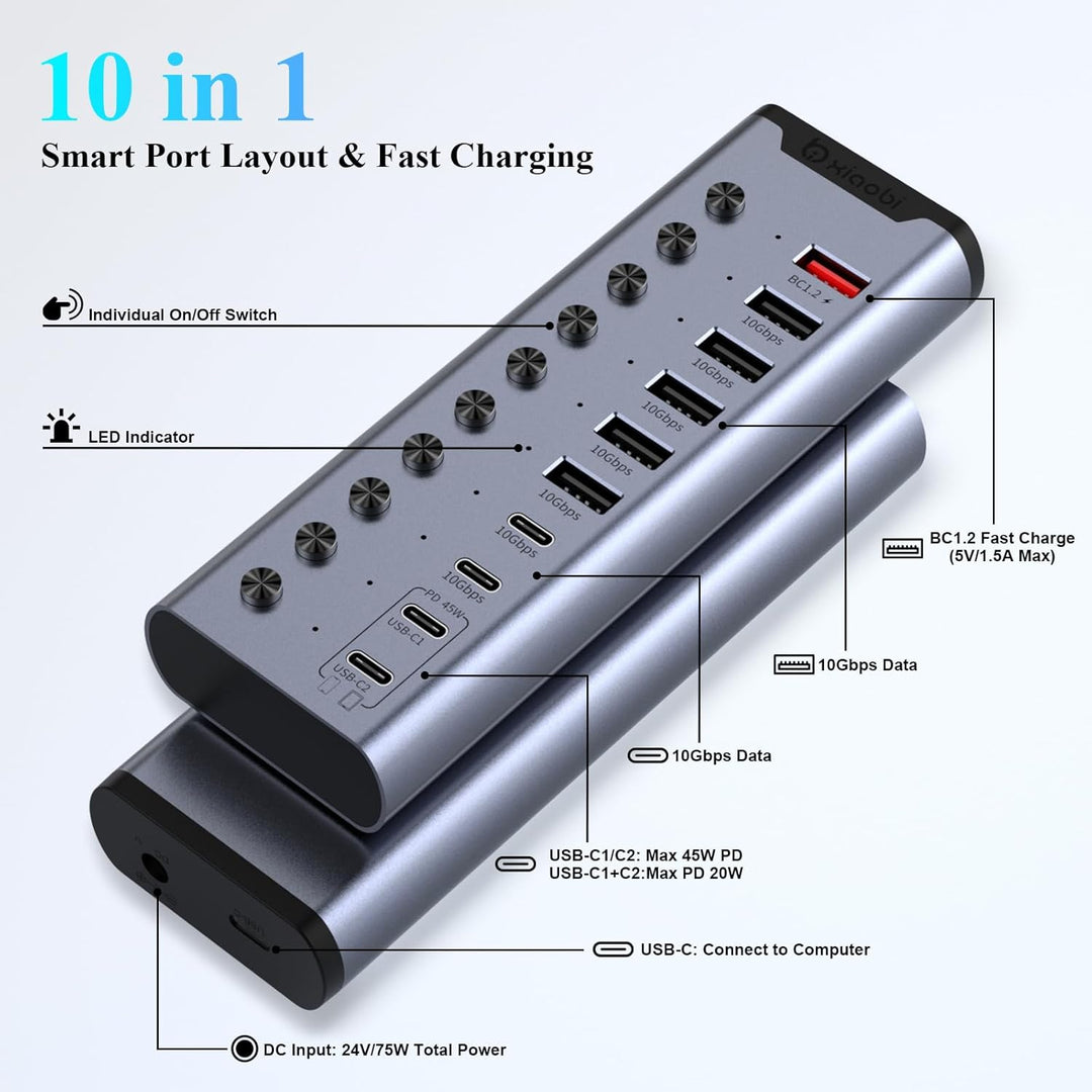 Aktiver USB-Hub, 10-Port USB-C-Hub mit 5 USB-A 3.2, 2 USB-C 3.2 und BC1.2 sowie 2 PD 45W Ladeanschlü