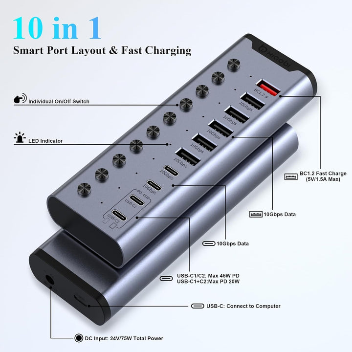 Aktiver USB-Hub, 10-Port USB-C-Hub mit 5 USB-A 3.2, 2 USB-C 3.2 und BC1.2 sowie 2 PD 45W Ladeanschlü