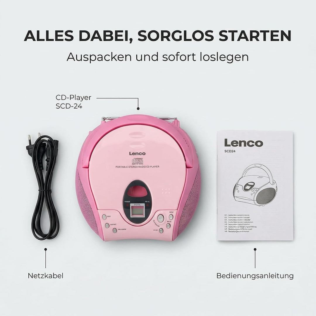 Lenco SCD-24 Stereo UKW-Radio mit CD-Player und Teleskopantenne rosa ohne Bluetooth pink, ohne Bluet