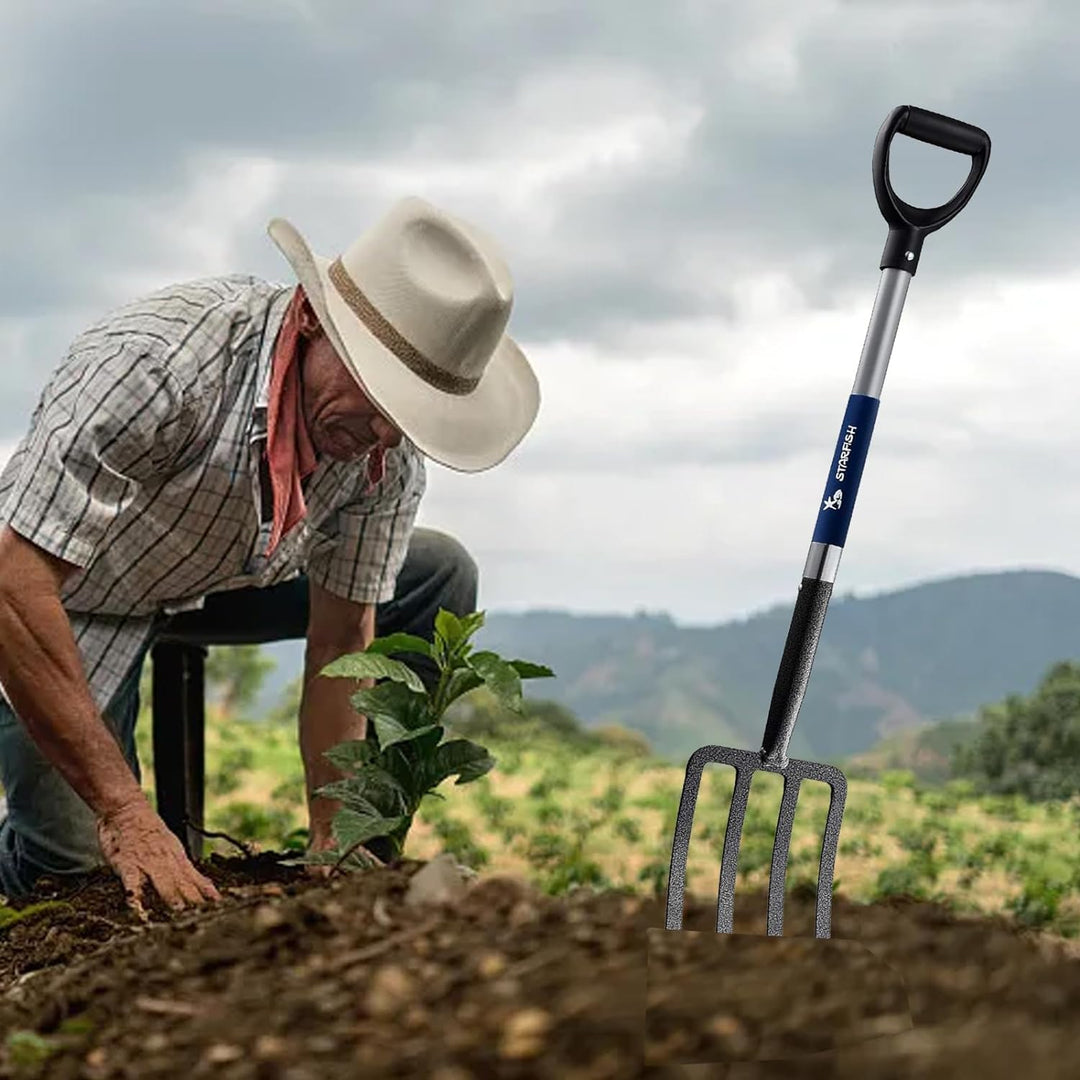 Mujocooker Grabgabel mit 4 Zinken, für Garten, Graben, Gabel, geschmiedeter Stahl, mit D-Grip-Griff,