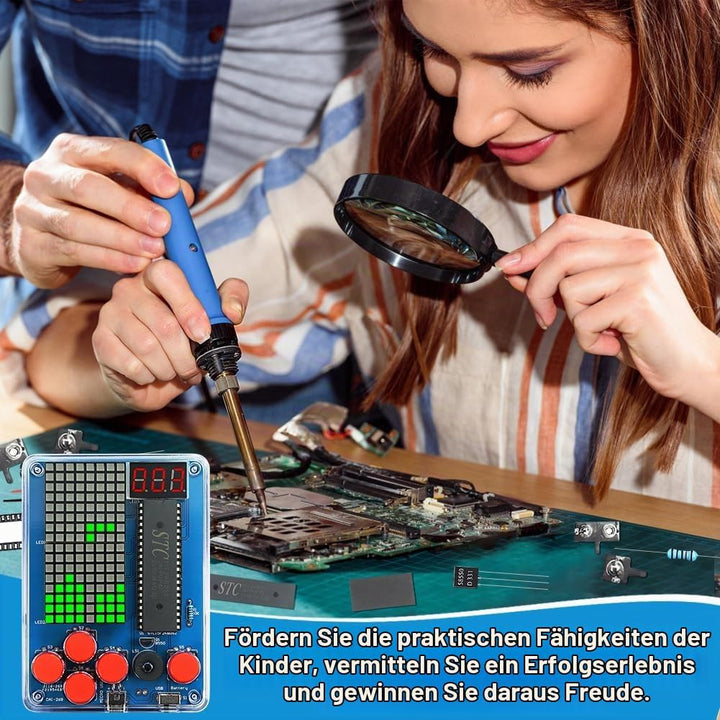 DIY Spielekonsole Löten Bausatz, Elektronik Baukasten Handheld Game Console Kit mit Acrylgehäuse, Lö