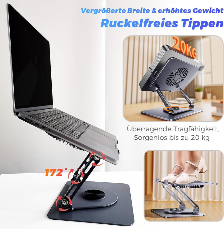Laptop Ständer aus Aluminium, 360° Drehbar, Faltbar, mit Magnetischem Lüfter für Kühlung, Kompatibel