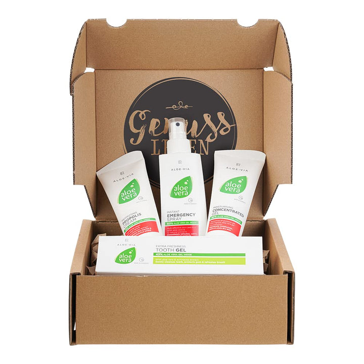 Genussleben Box mit LR Aloe Vera Concentrat Gel 100ml, Emergency Spray 150ml, Propolis Creme 100ml u