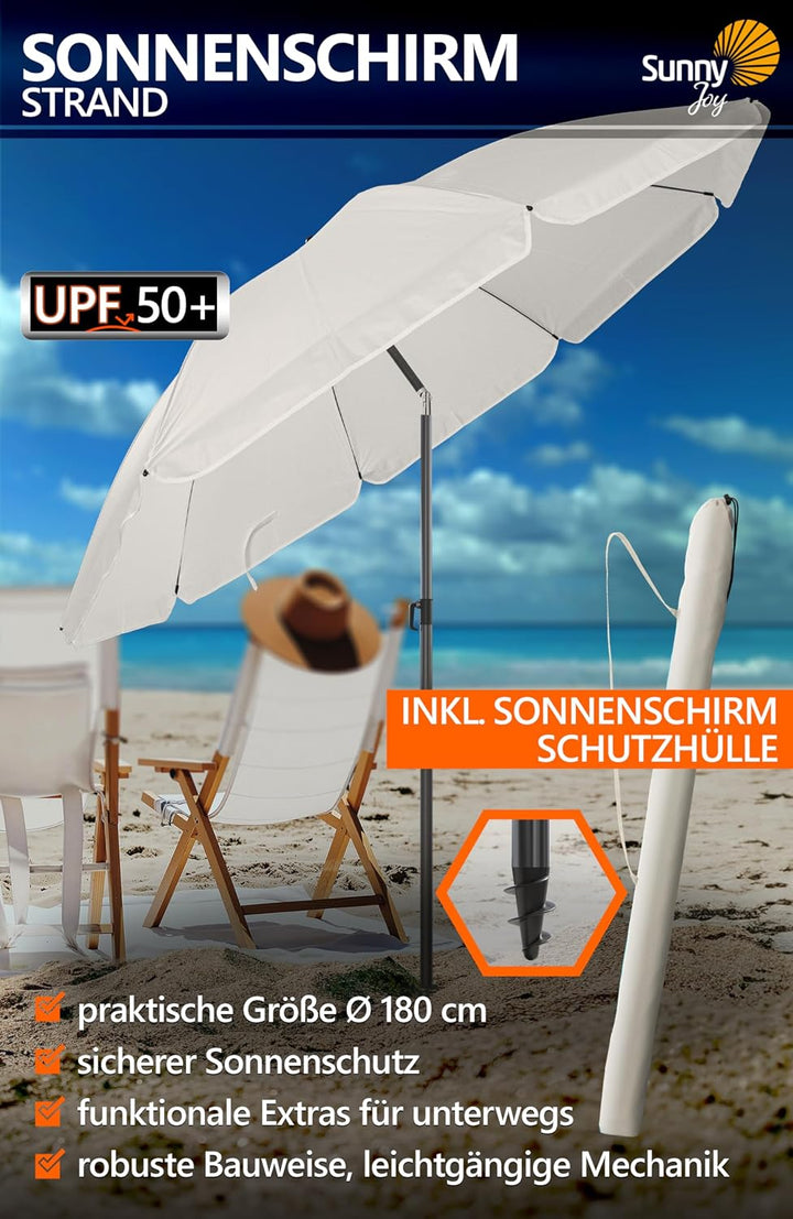 4smile Sonnenschirm Strand Ø 180 cm mit Hüll, Beige - UPF 50+ Strandschirm SunnyJoy, Strandschirm wi