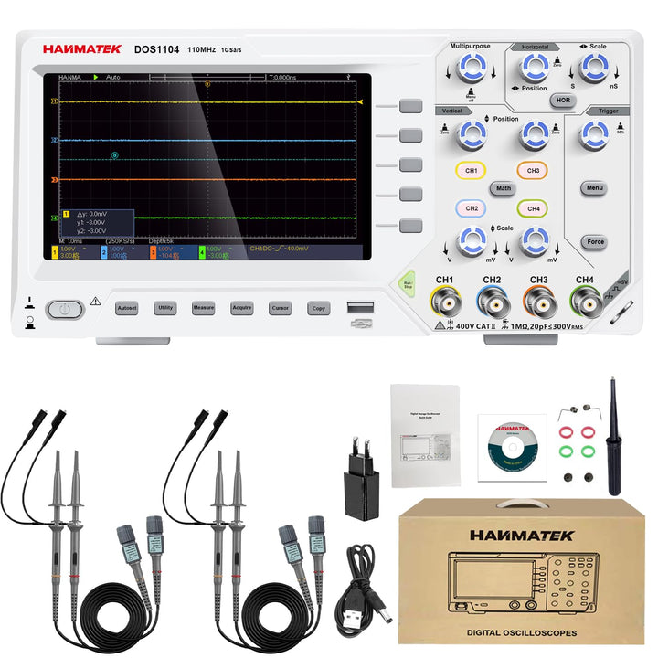 Hanmatek Digitales Oszilloskop, DOS1104 Tragbares professionelles Oszilloskop-Kit mit 4 Kanälen und