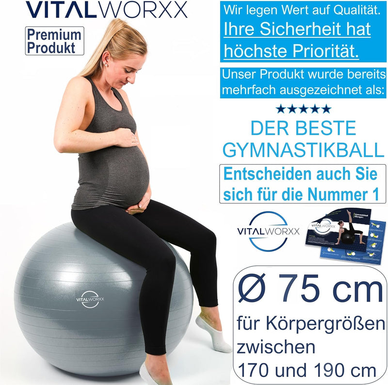 VITALWORXX Gymnastikball für Schwangere, extrem stabil, Sitzball Yogaball Pezziball mit Pumpe, mit Ü