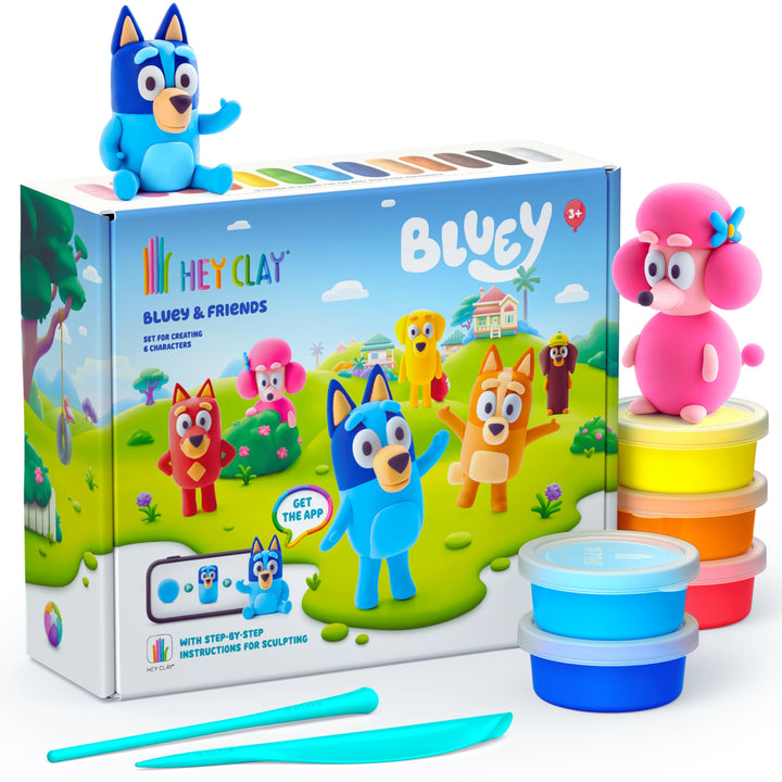 Hey Clay Bluey & Friends-Set (15 Dosen) mit lufttrocknender Modelliermasse und Modellierwerkzeugen