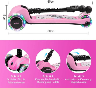 YOLEO Kinderoller Kinderscooter Dreiradscooter mit LED Räder, 2-Rädern Hinterbremsen,4 Höhenverstell
