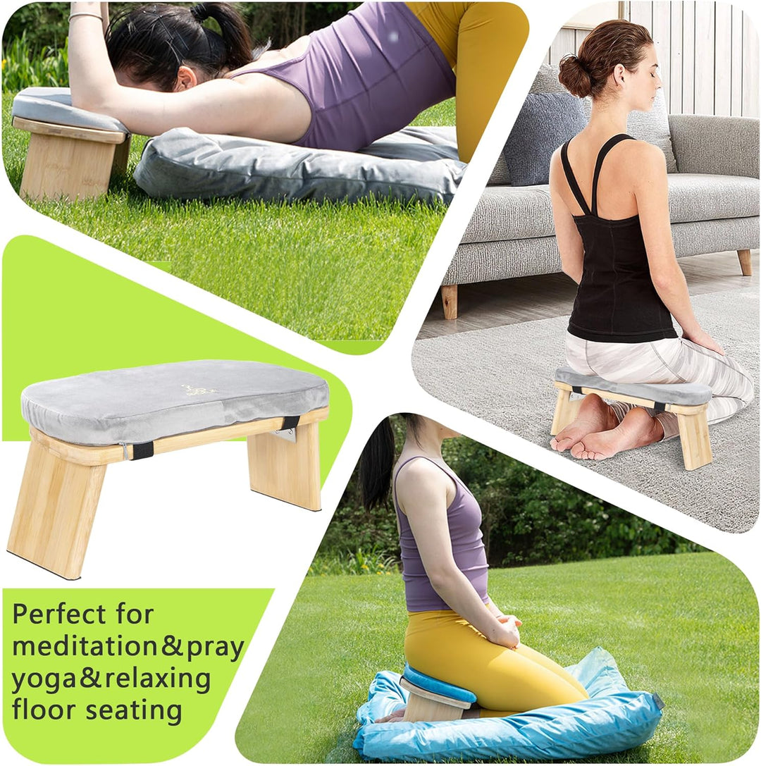 Meditationsbank Klappbar, Ergonomischer Bambus Yoga Hocker, Meditationshocker mit Kissen, Tragbarer