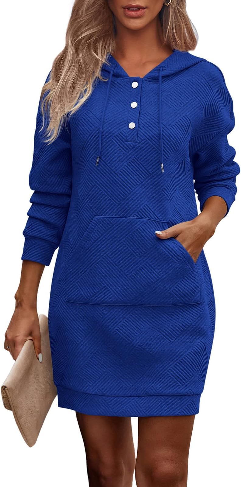 TrendiMax Damen Hoodie Kleid Herbst Übergangs Kapuzenpullover Sweatkleid Textur Knopf Langarm Sweats