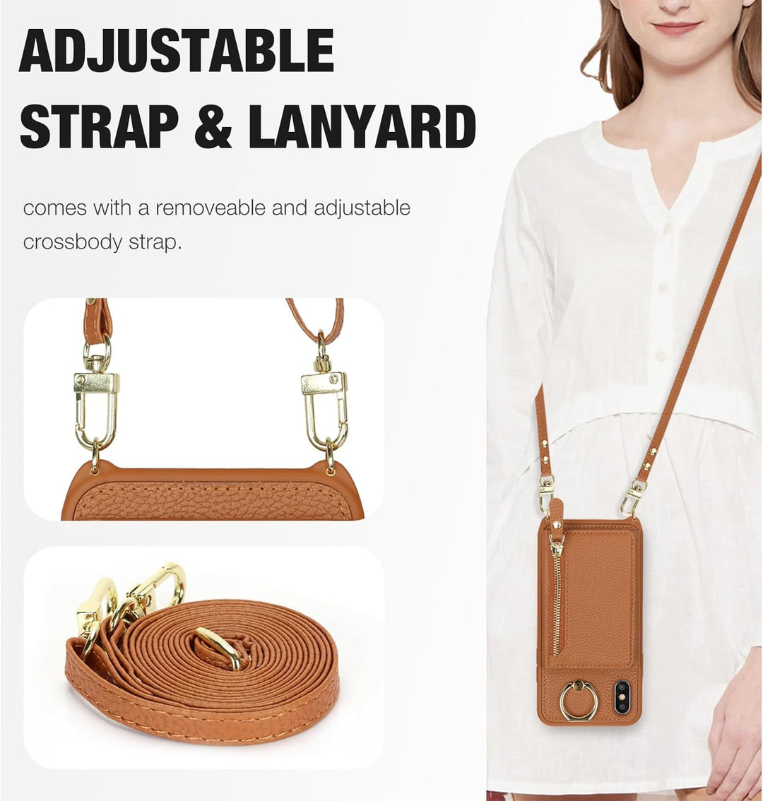 ELTEKER Handyhülle für iPhone XS Max Hülle mit Band Kartenfach Handykette Ringhalterung Geldbörse,Le