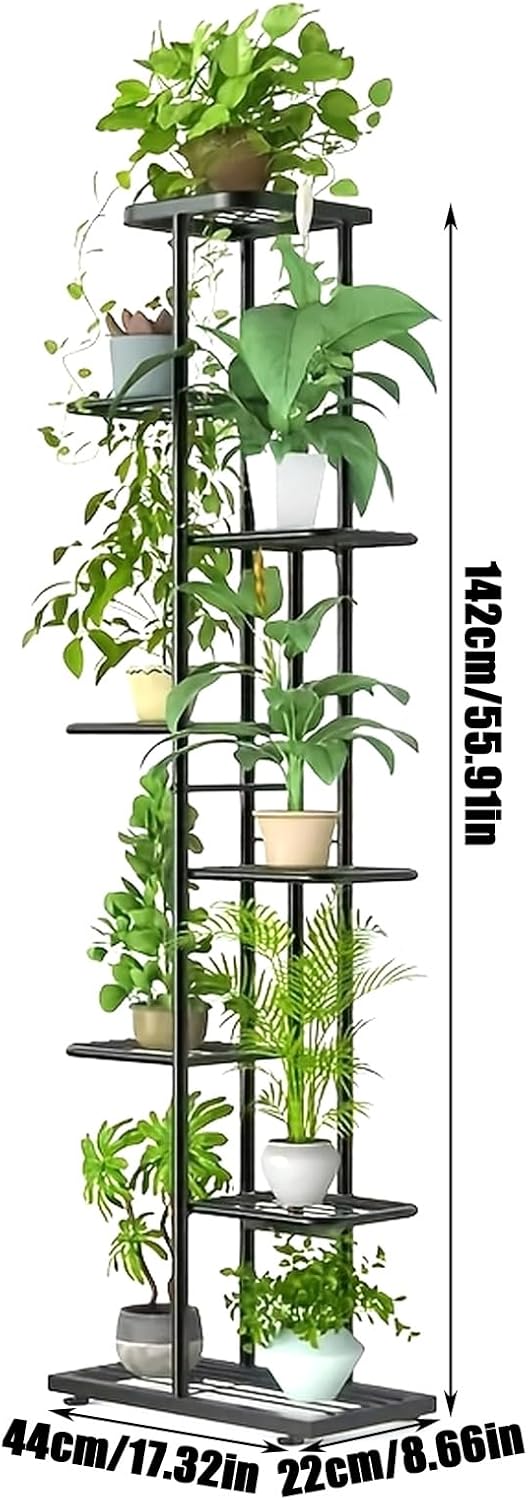 8 Etagen Blumenständer mit Rollen, Hoher Metall Pflanzenständer für 9 Töpfe, 142cm Blumenhalter Schw