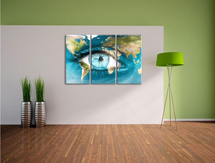 Pixxprint Die Erde gezeichnet auf EIN Gesicht Bunstift Effekt 3-Teiler Leinwandbild 120x80 Bild auf